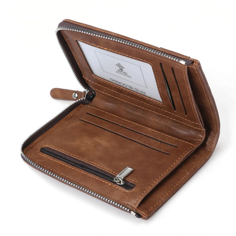 RFID Blocking Wallet Casual Simple Purse Multi-card Zipper Style Short Wallet Organizer for Men Business (Brown)