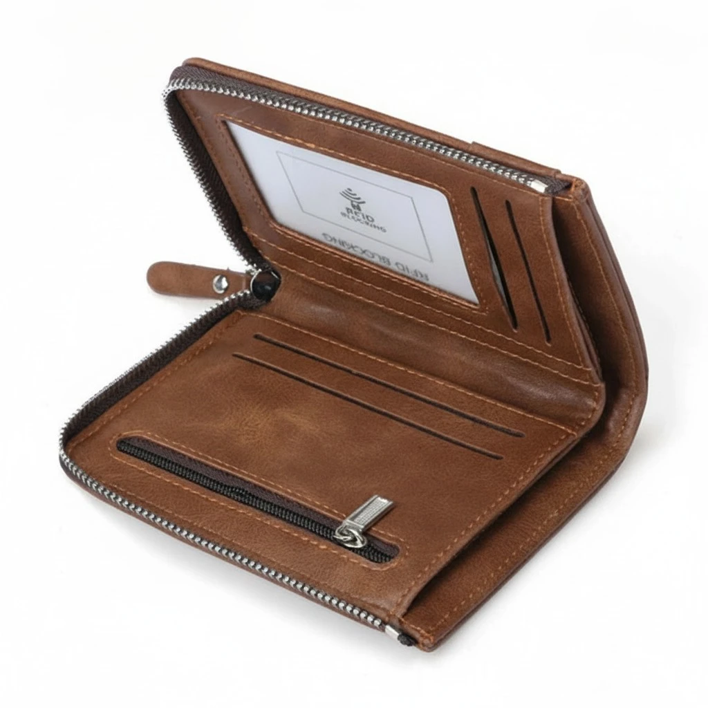 RFID Blocking Wallet Casual Simple Purse Multi-card Zipper Style Short Wallet Organizer for Men Business (Brown)