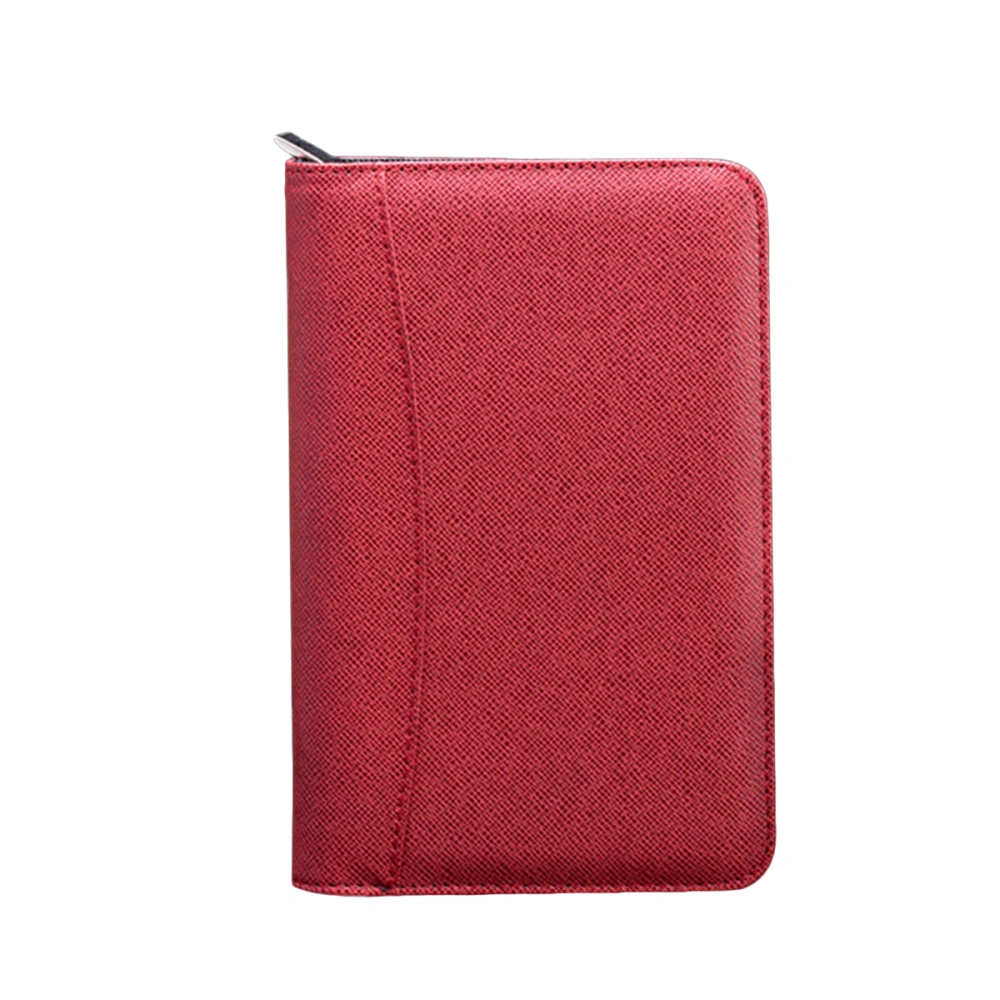 PU Leather Cover A5 Zipper Notebook Loose-Leaf Business Notepad With Calculator (Red)