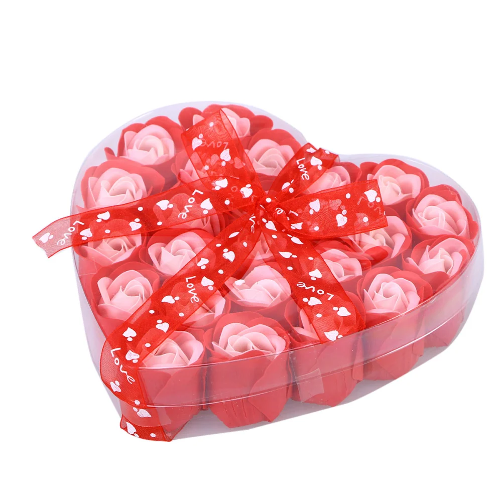 24pcs Scented Bath Soap Rose Petal in Heart Box for Friends Family Gifts (Random Ribbon)