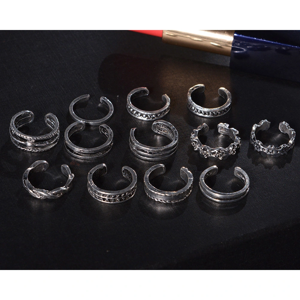 12pcs Fashion Simple Retro Carved Adjustable Toe Ring Foot Women Jewelry (Silver)