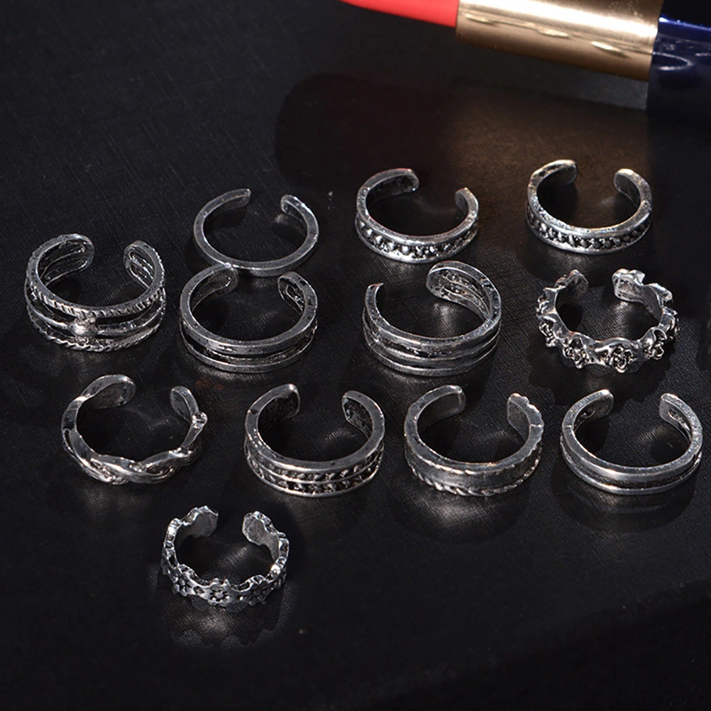 12pcs Fashion Simple Retro Carved Adjustable Toe Ring Foot Women Jewelry (Silver)