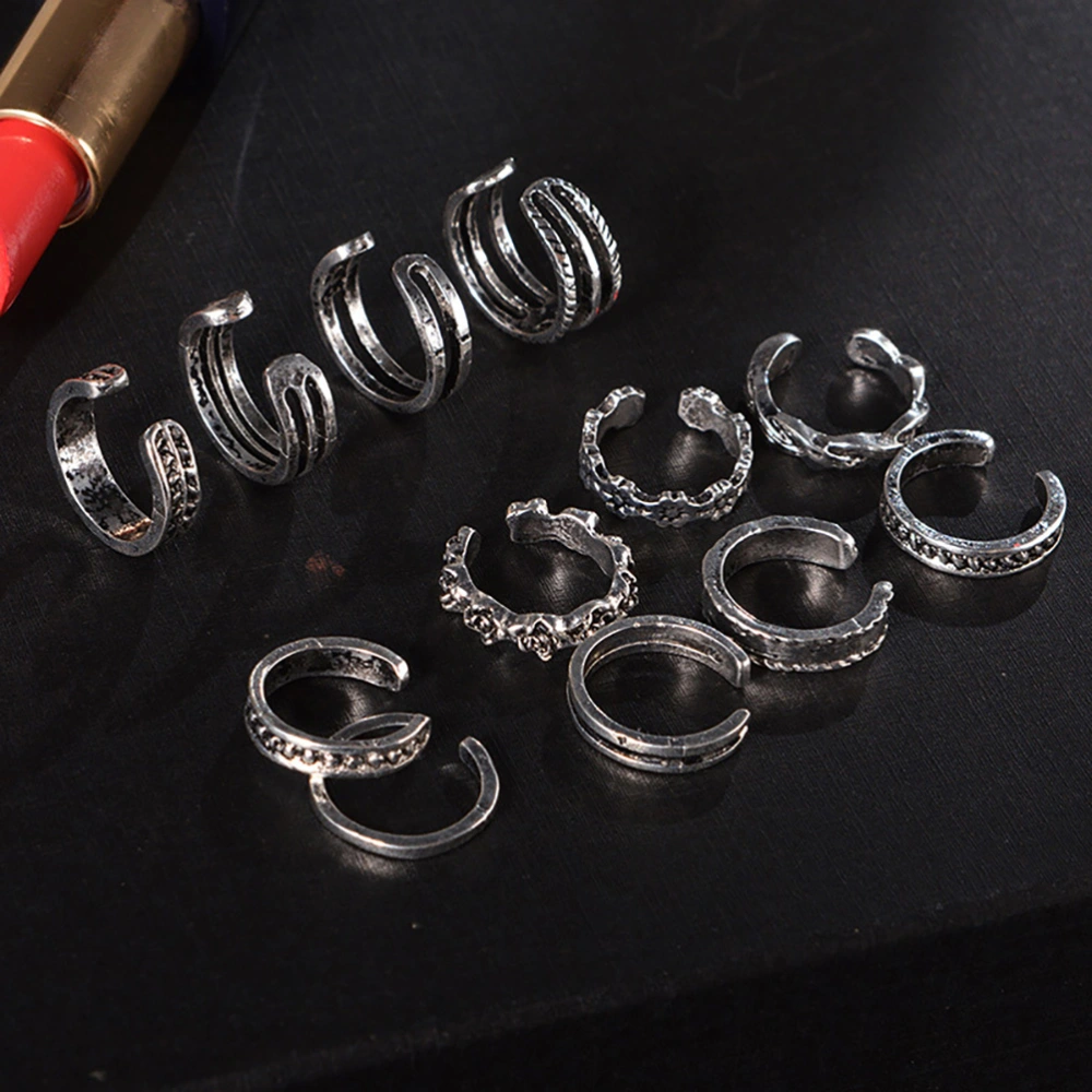 12pcs Fashion Simple Retro Carved Adjustable Toe Ring Foot Women Jewelry (Silver)