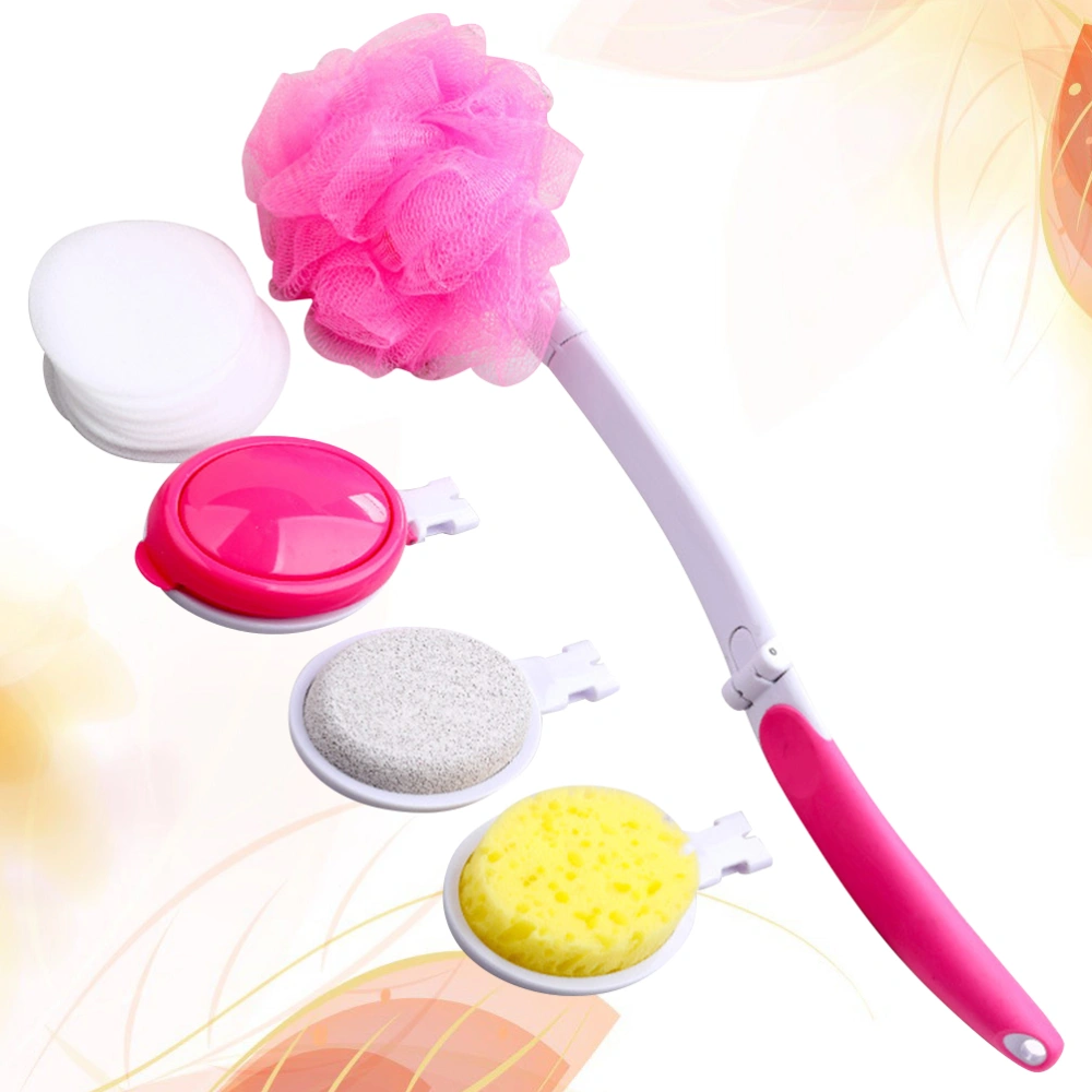 1 Set Bath Brushes Accessories Multi-use Back Scrubber Assorted Heads Bathing Brush Foldable Cleaning Brush Pink