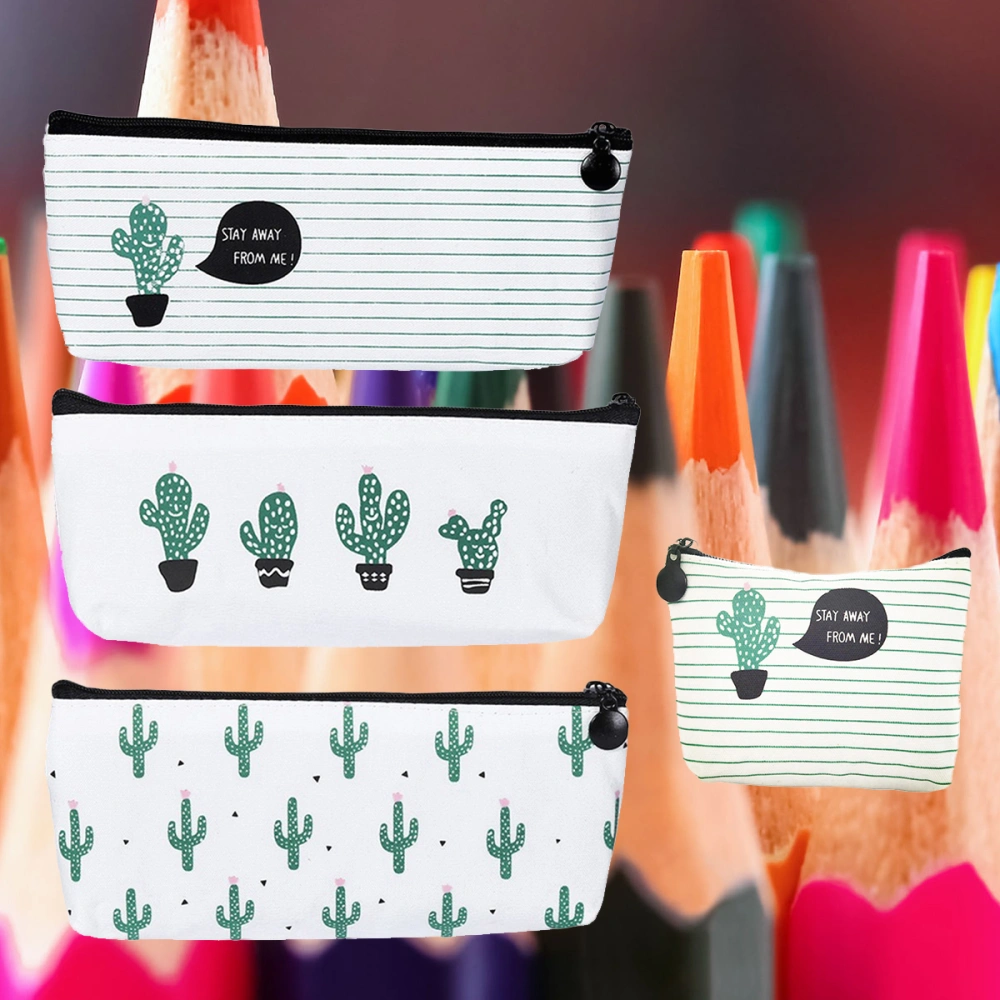 4pcs Cactus Printed Canvas Pencil Case Pen Bag Makeup Bag Pouch Creative Learning Product Stationery