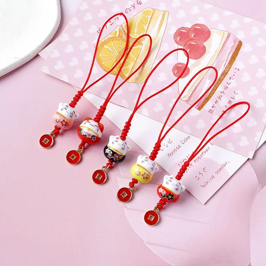 4Pcs Lovely Phone Hanging Chain Decorative Ceramic Cat Phone Pendant Phone Accessory