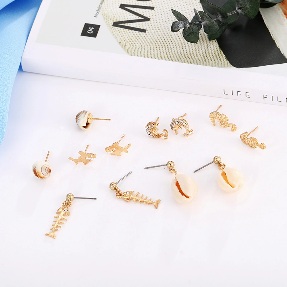 1 Set of Ocean Earrings Western Style Ear Studs Conch Dolphin Shell Decoration for Girls Ladies Women