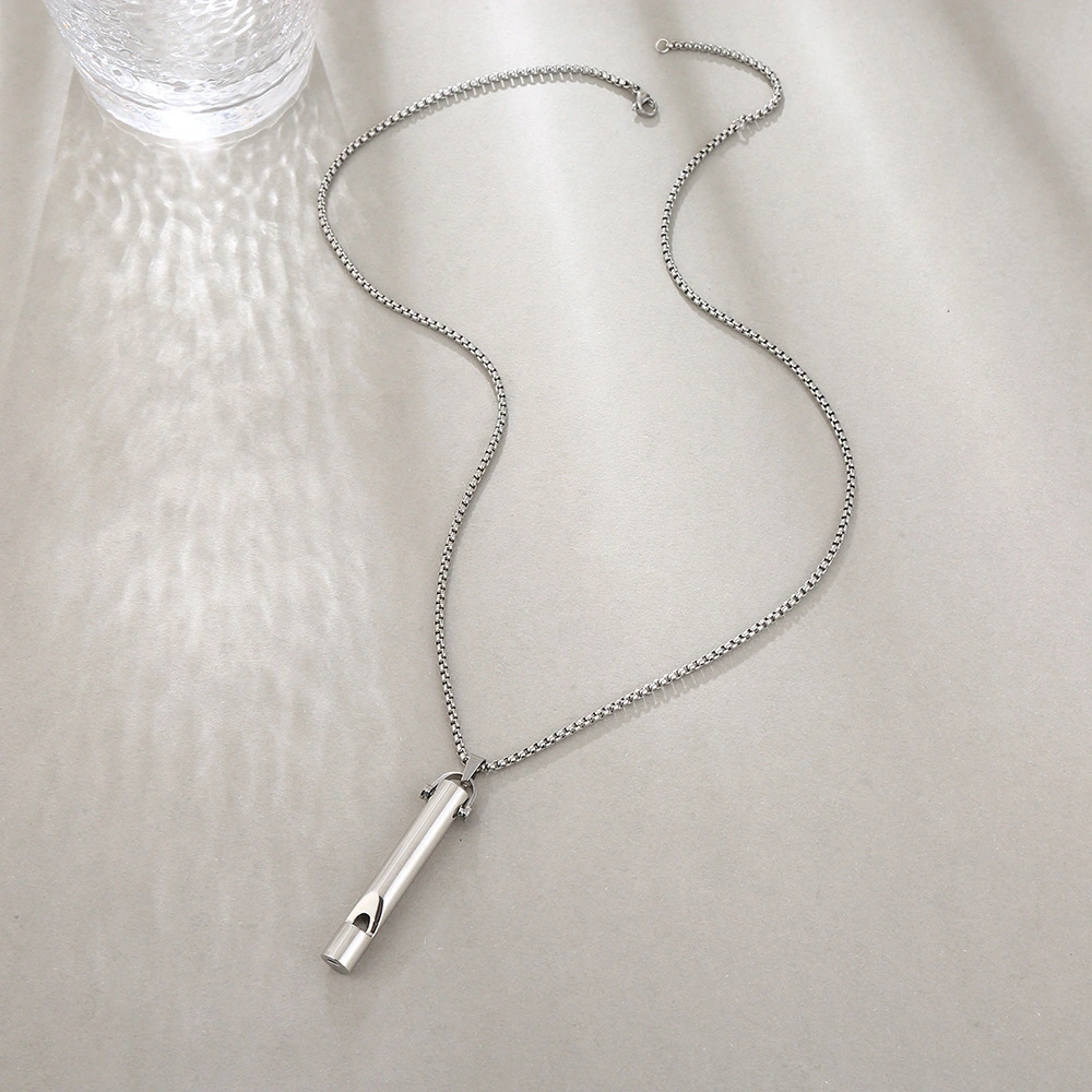 Cylindrical Slender Whistle Pendant Men's Stainless Steel Niche Design Necklace