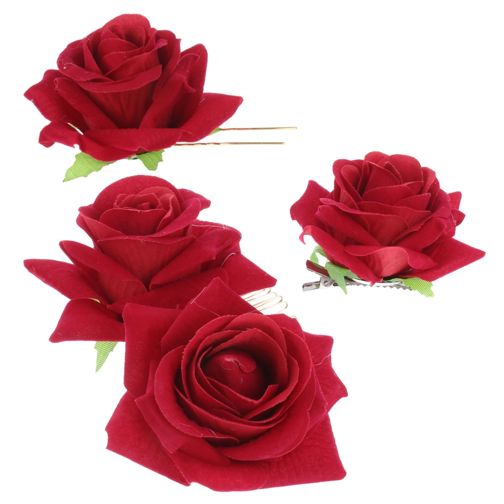 3pcs Rose Flower Hair Accessories Hair Comb U-shaped Hair Stick Hair Pin Headdress Sets for Women Girls (Hair Comb + Hair Stick + Hair Pin)