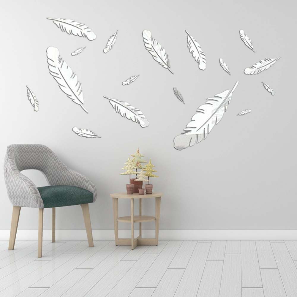 6pcs Nordic Small Feather Mirror Acrylic Wall Sticker Home Decor TV Sofa Background Wall Decals(Silver)