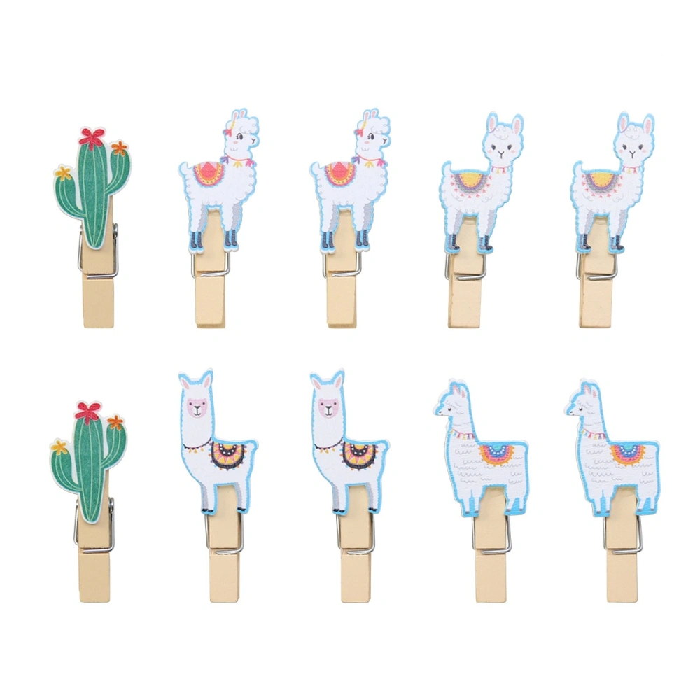 10pcs Creative Cactus Alpaca Wooden Clips Photo Paper Craft Clips Photo Holder Paper Pegs Photo Folders with Hemp Rope