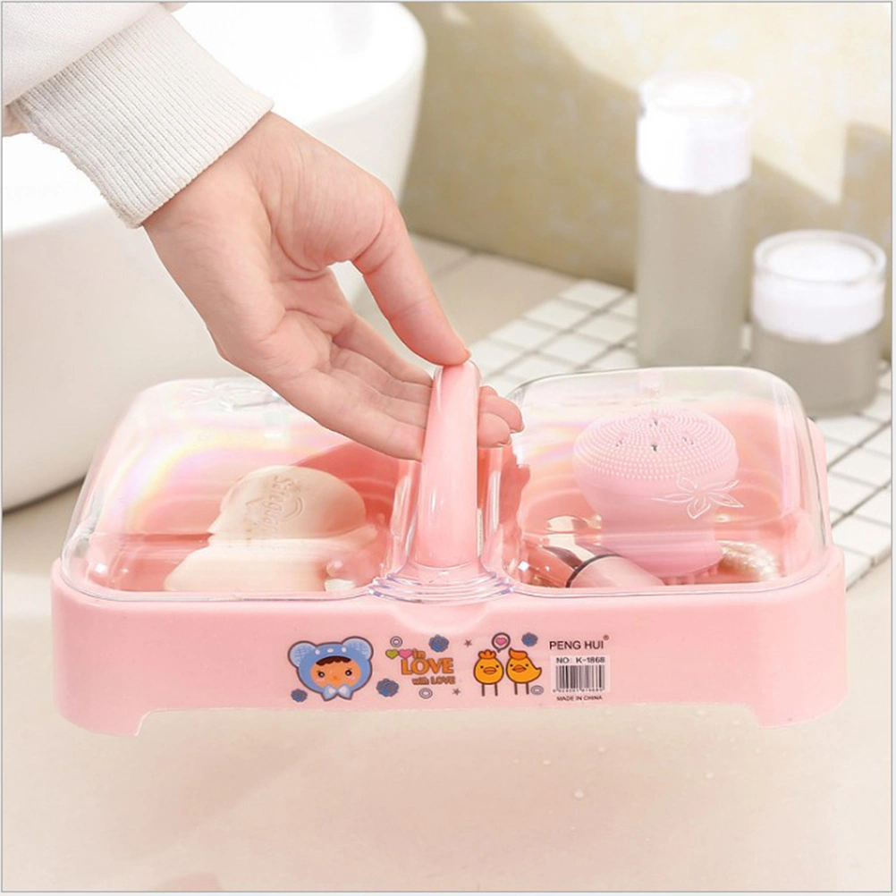 Soap Box Double-grid Soap Dish with Lid Portable Soap Holder with Drain Soap Case Container for Bathroom Kitchen (Pink)
