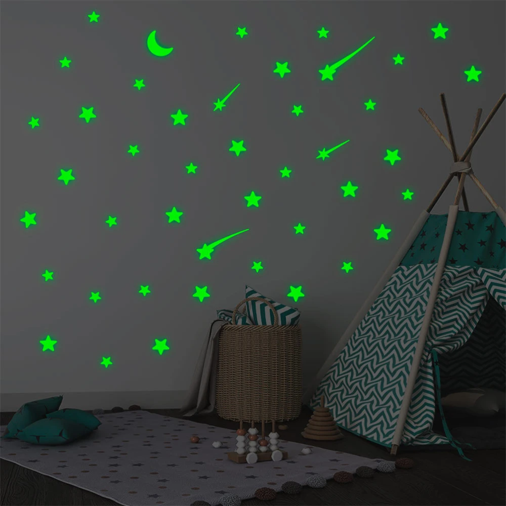 Fluorescence Wall Sticker Stars Moon Sticker Self-adhesive Glowing in the Night Wall Decal PVC Background Accessories for Kindergarten Kids Bedroom Decor