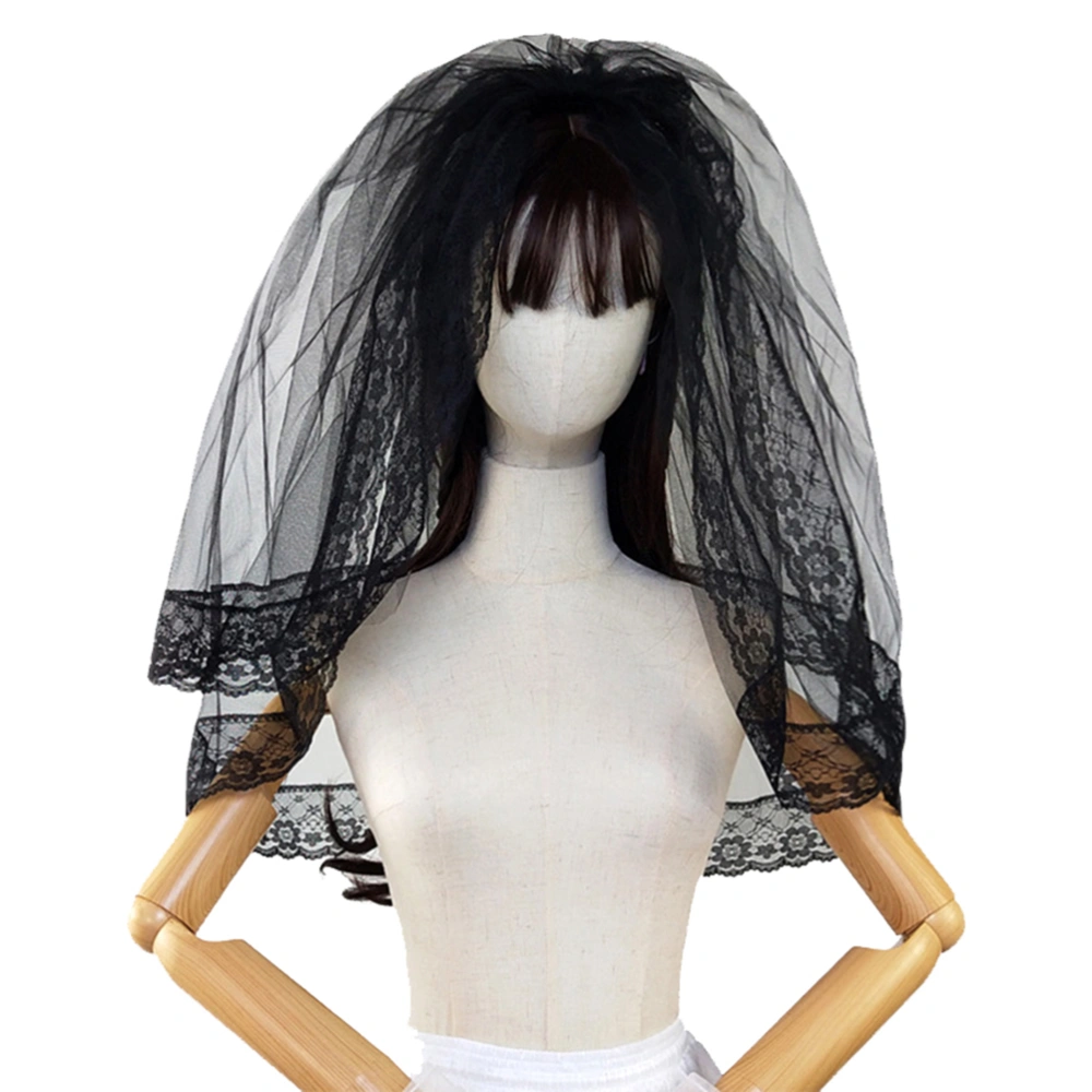 60cm Double Layer Black Lace Veil Short Cosplay Bridal Wedding Veil Hair Accessories with Hair Comb for Photography Party (Black)