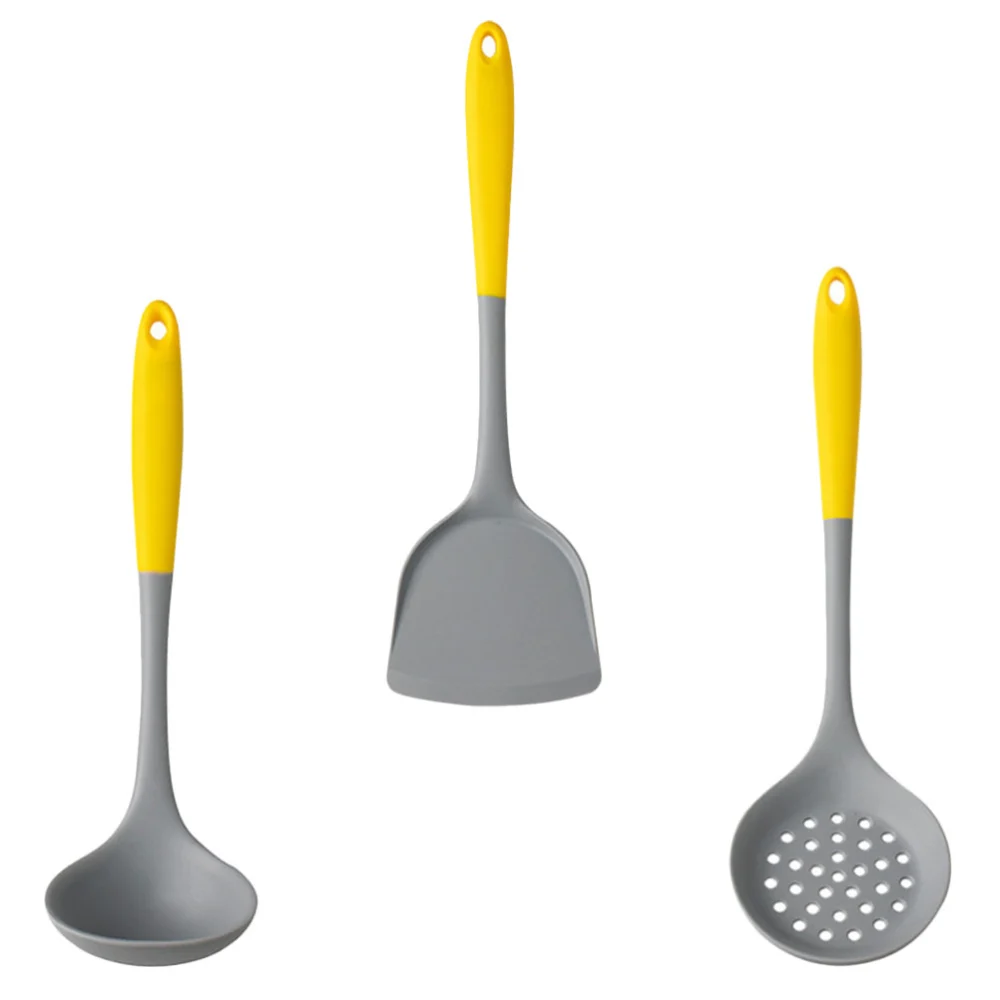 1 Set Stainless Steel Handle Silicone Practical Cooking Utensils (Yellow Grey)