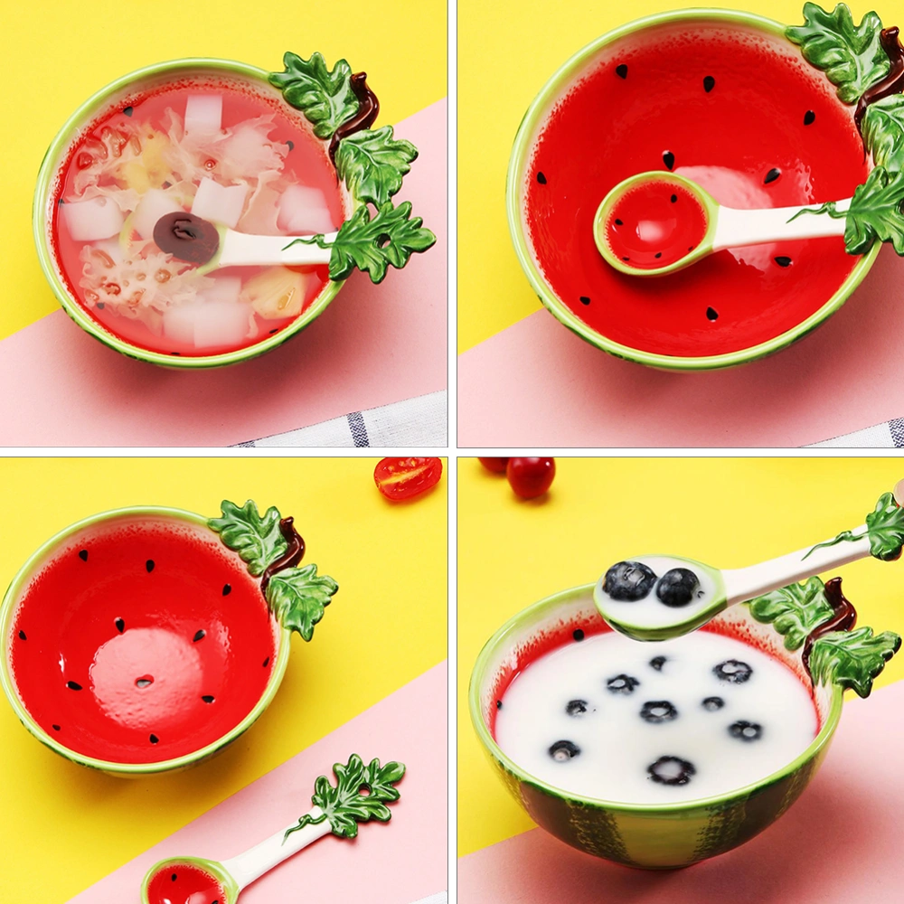 Watermelon Design Bowl Ceramics Salad Bowl Kid Rice Bowl with Spoon (300ml)