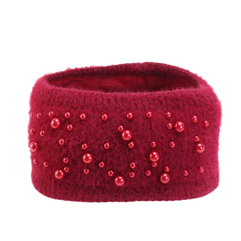 Women Double-layer Thicken Headband Knitted Pearl Decor Headwrap Warm Hair Band for Winter Girl (Claret)