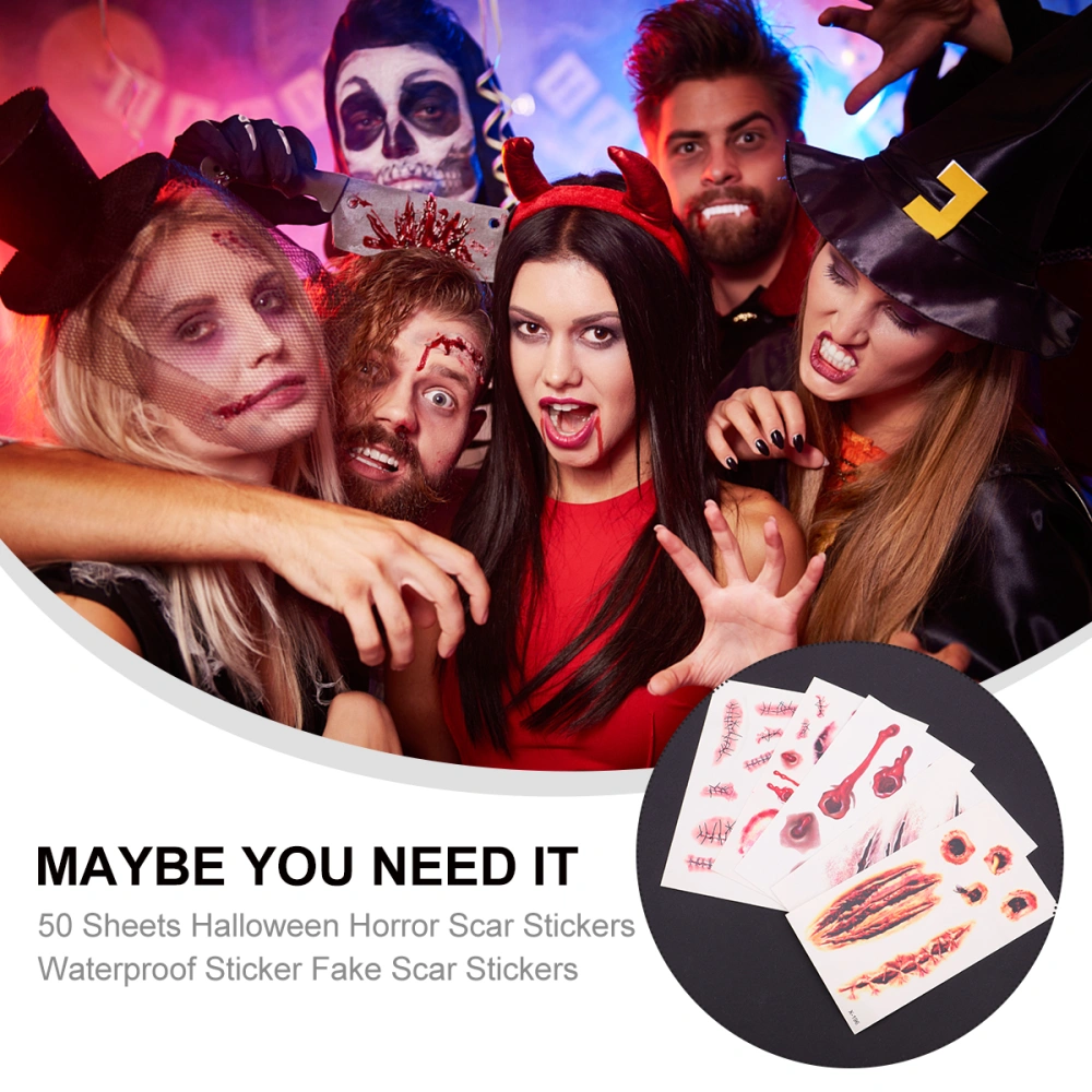 50 Sheets Halloween Horror Scar Stickers Waterproof Sticker Fake Scar Stickers