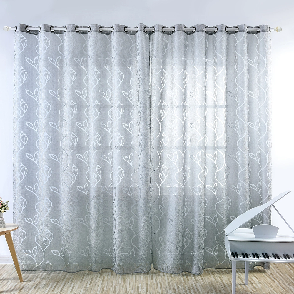 Leaf Printed Curtain Fashion Single Side Window Screening Creative Window Gauze (Grey, 100x250cm, Perforated)