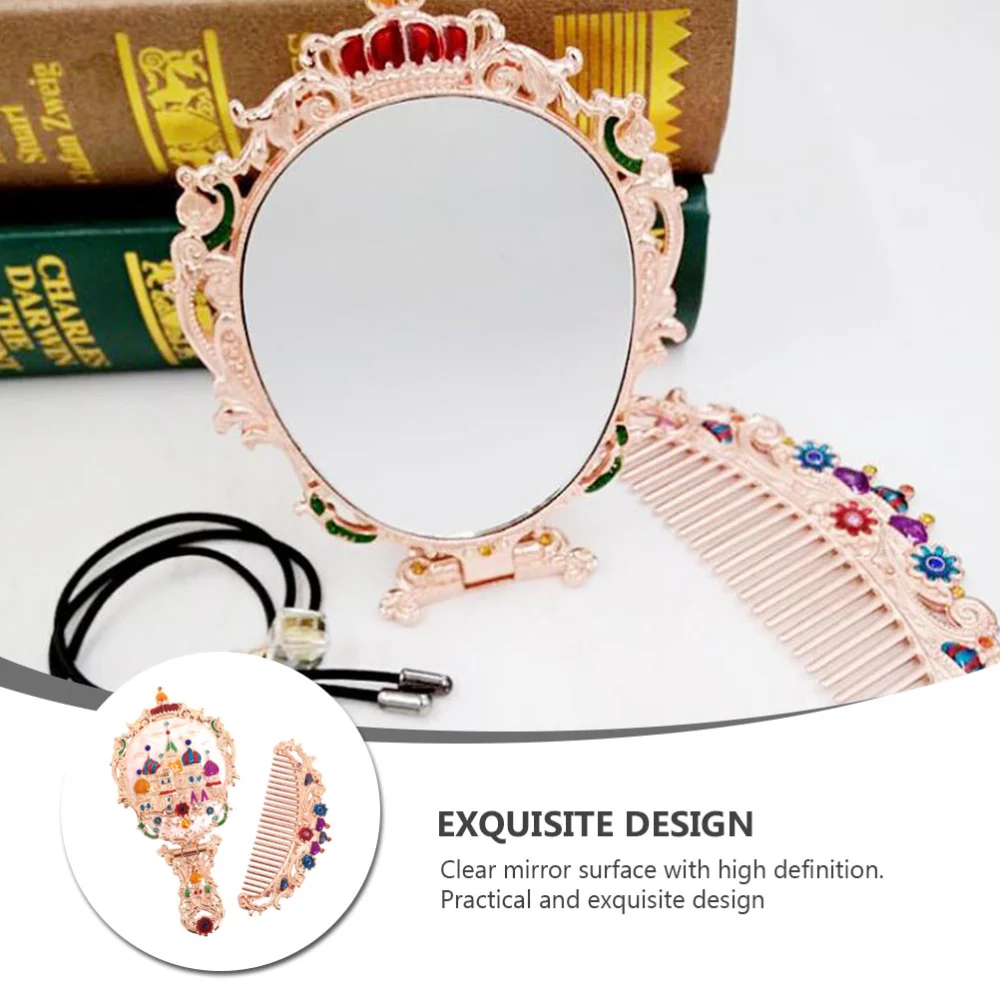 1 Set Foldable Makeup Mirror Handheld Retro Cosmetic Mirror with Comb(Rose Gold)