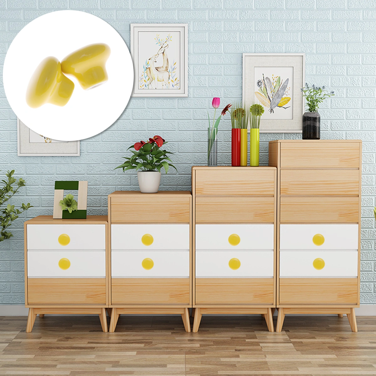 5pcs Durable Round Ceramic Kitchen Cupboard Cabinet Drawer Door Knobs Pull Handles - Size S (Yellow)