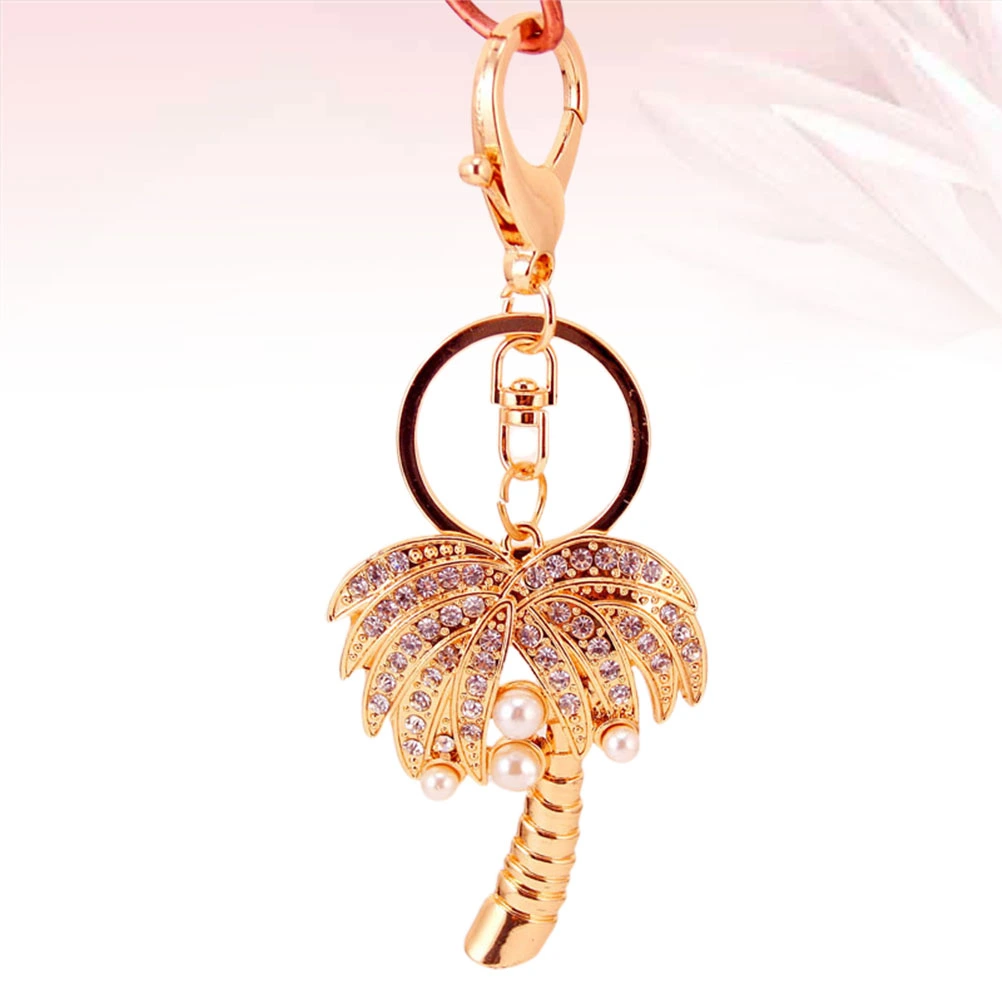 Creative Pearl Crystal Coconut Tree Keychain Big Tree Car Key Chains Female Bag Ornaments Charm Jewelry Gift