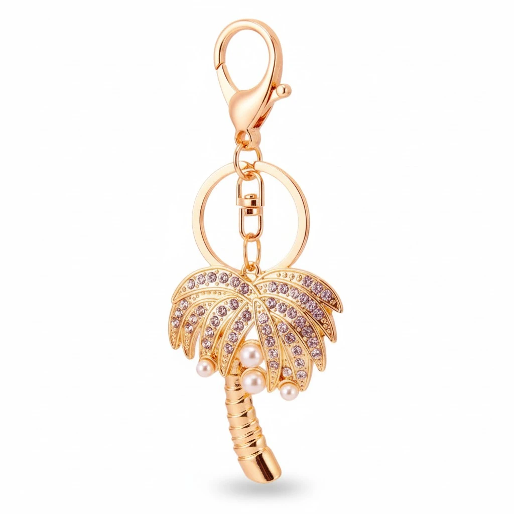 Creative Pearl Crystal Coconut Tree Keychain Big Tree Car Key Chains Female Bag Ornaments Charm Jewelry Gift