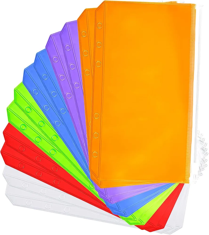 12Pcs Binder Pockets 6-Hole Plastic Binder Zip Folder Loose Leaf Bags for Files Documents