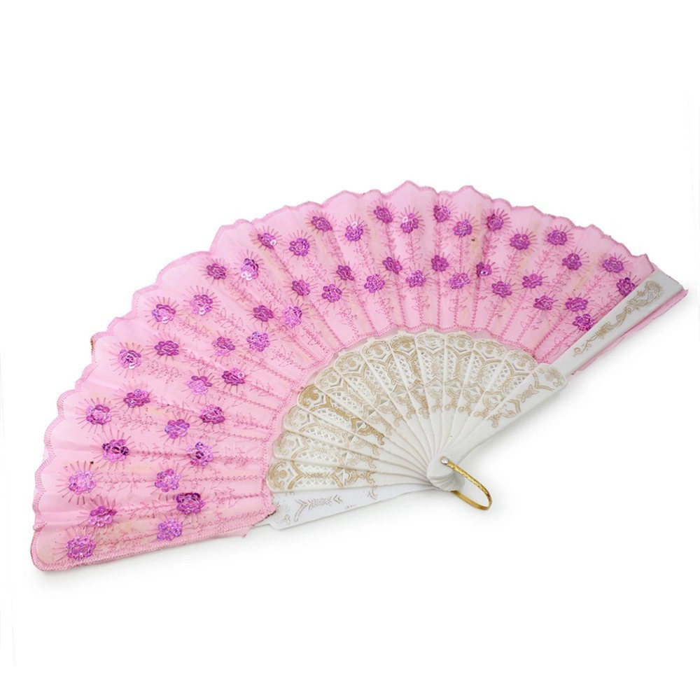 Women Sequin Decorated Folding Plastic Hand Fan Dance Fan (Pink)