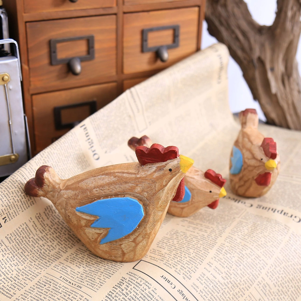 3cps Wooden Chicken Figurines Set Home Decorative Craft Figurine Miniatures Ornaments Gift Easter Party Decor Size L/M/S