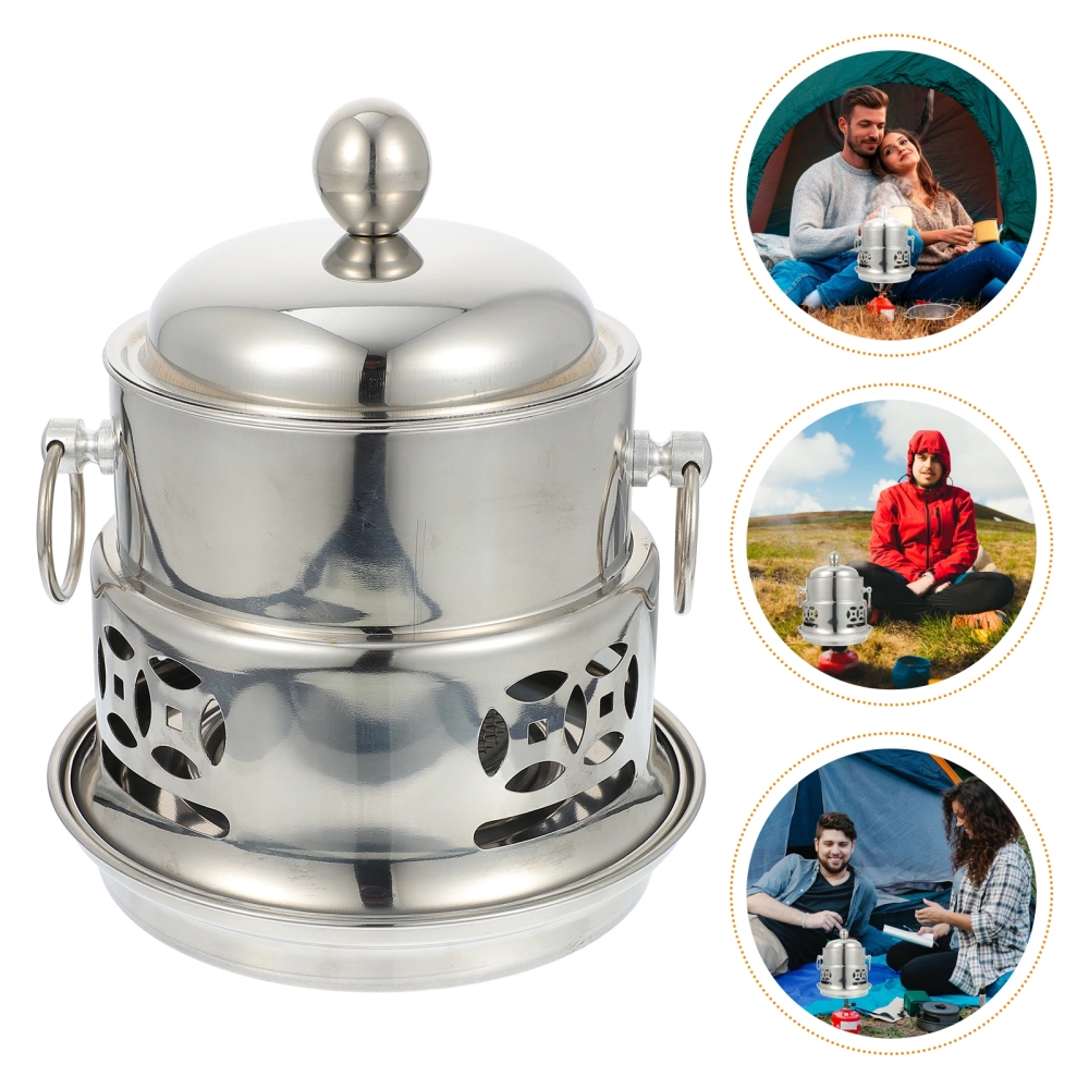 1 Set Stainless Steel Hot Pot with Alcohol Stove and Lid for Outdoor Kitchen