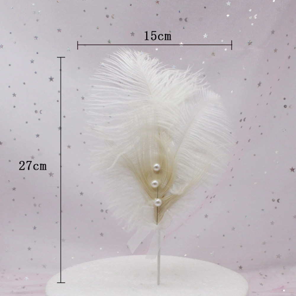 Ostrich Pearls Feather Paper Cake Toppers Natural Cake Decoration Inserts Cake Picks for Engagement Wedding Birthday Party (White)