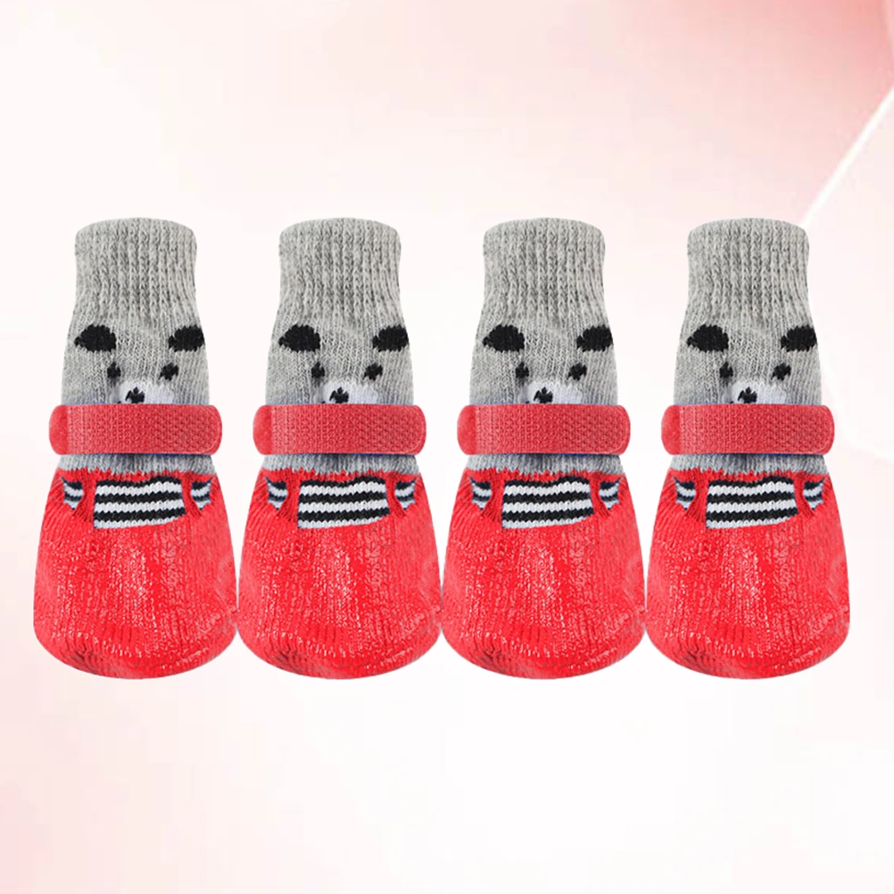 4pcs Pet Dog Puppy Cat Non-Slip Cotton Socks with Cartoon Prints Size M (Red)
