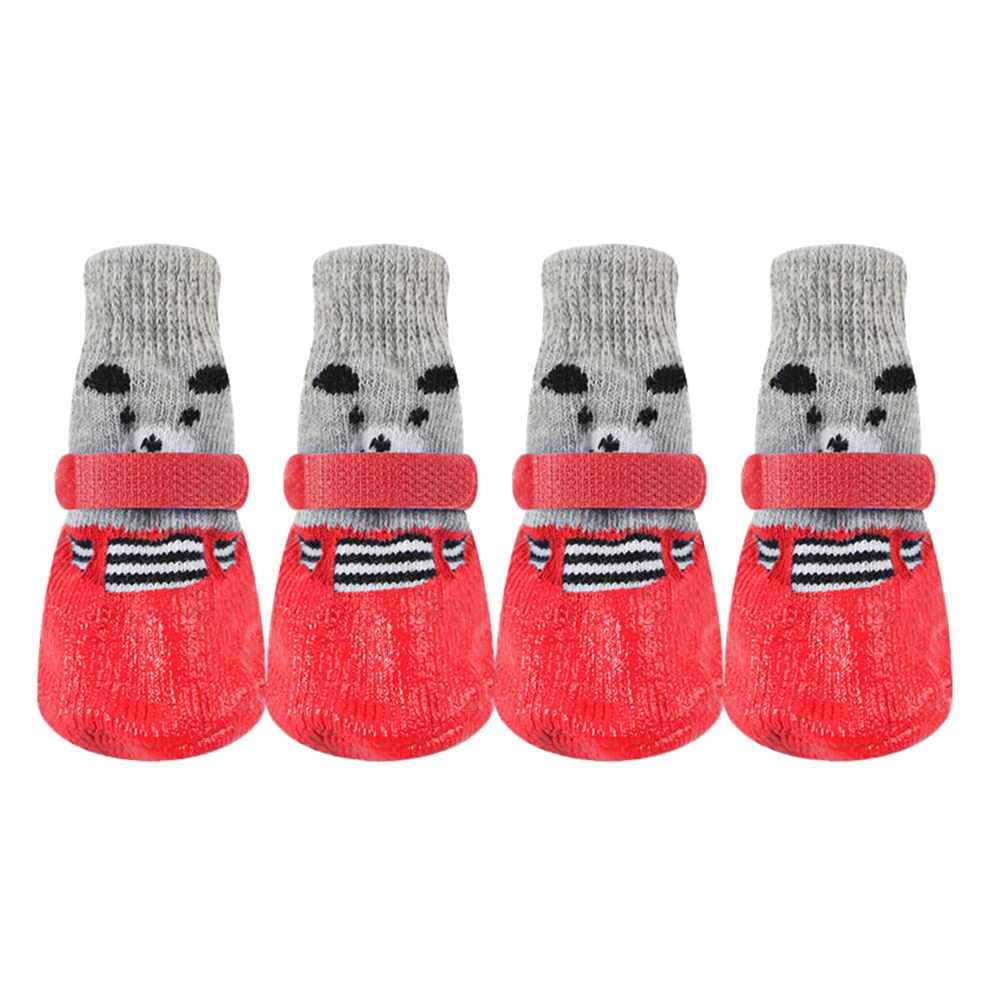 4pcs Pet Dog Puppy Cat Non-Slip Cotton Socks with Cartoon Prints Size M (Red)