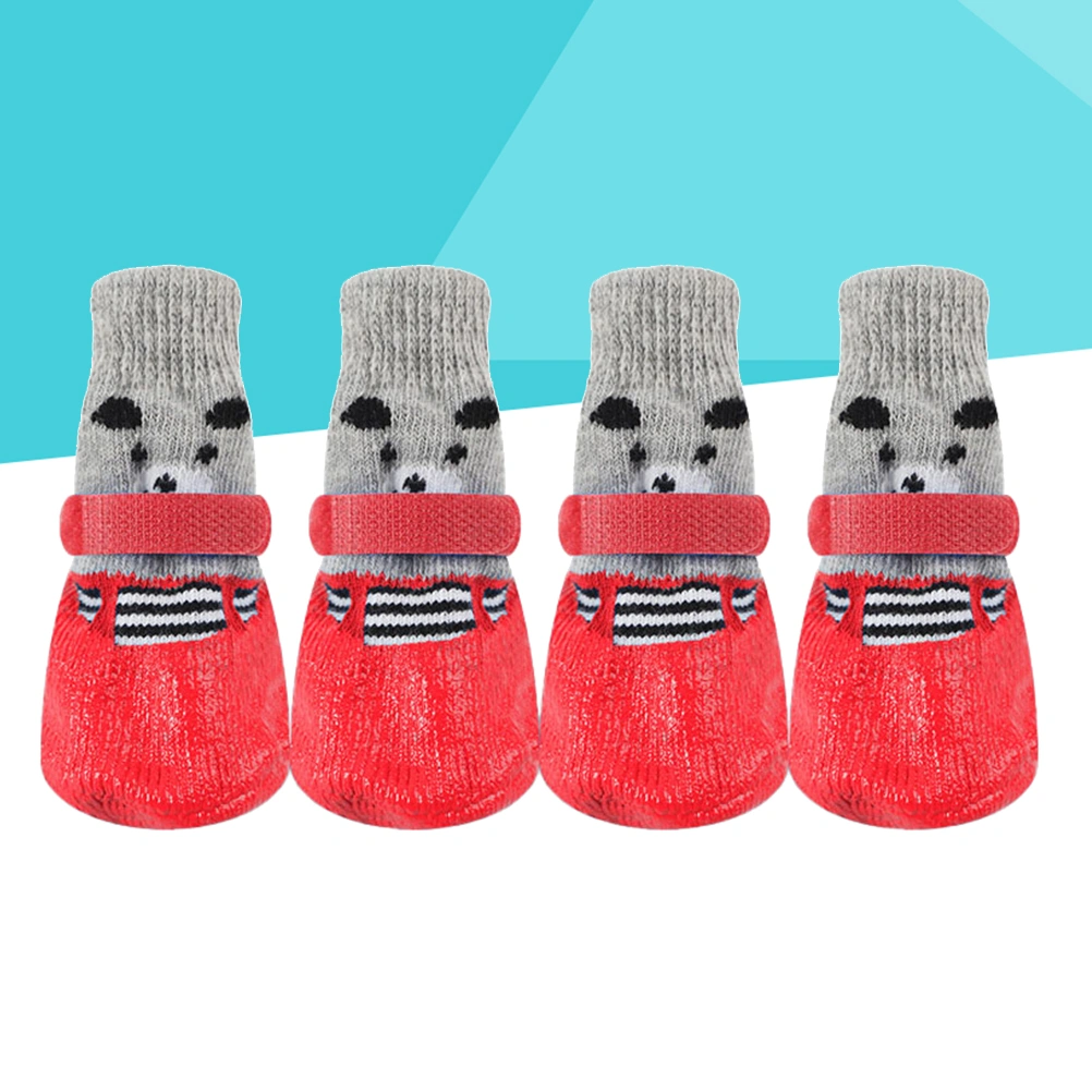 4pcs Pet Dog Puppy Cat Non-Slip Cotton Socks with Cartoon Prints Size M (Red)