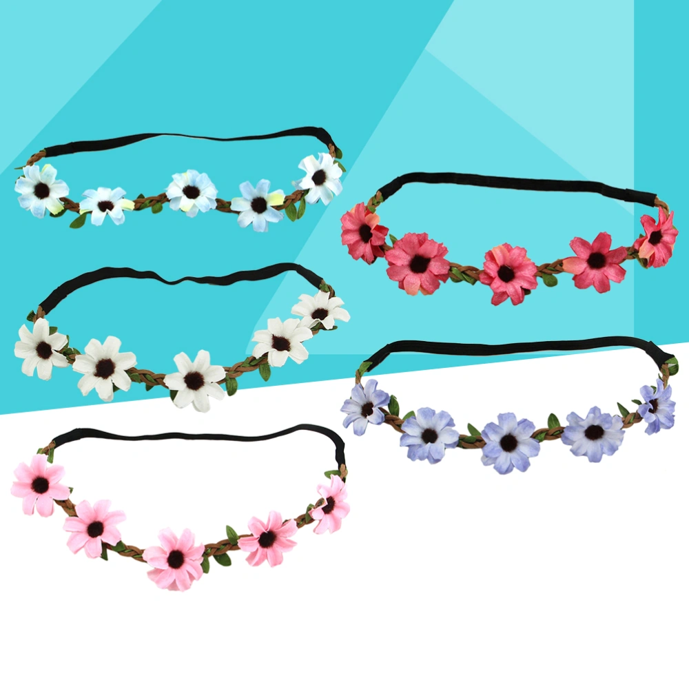 5pcs Chamomile Patrern Headbands Wreath Flower Headpieces Elastic Headwrap for Lady Women (Purple + Rosyd + White + Blue + Pink)