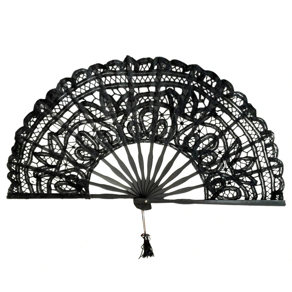 Cotton Bamboo Vintage Fan Lace Foldable Fan Elegant Gift for Women Ladies (Black)