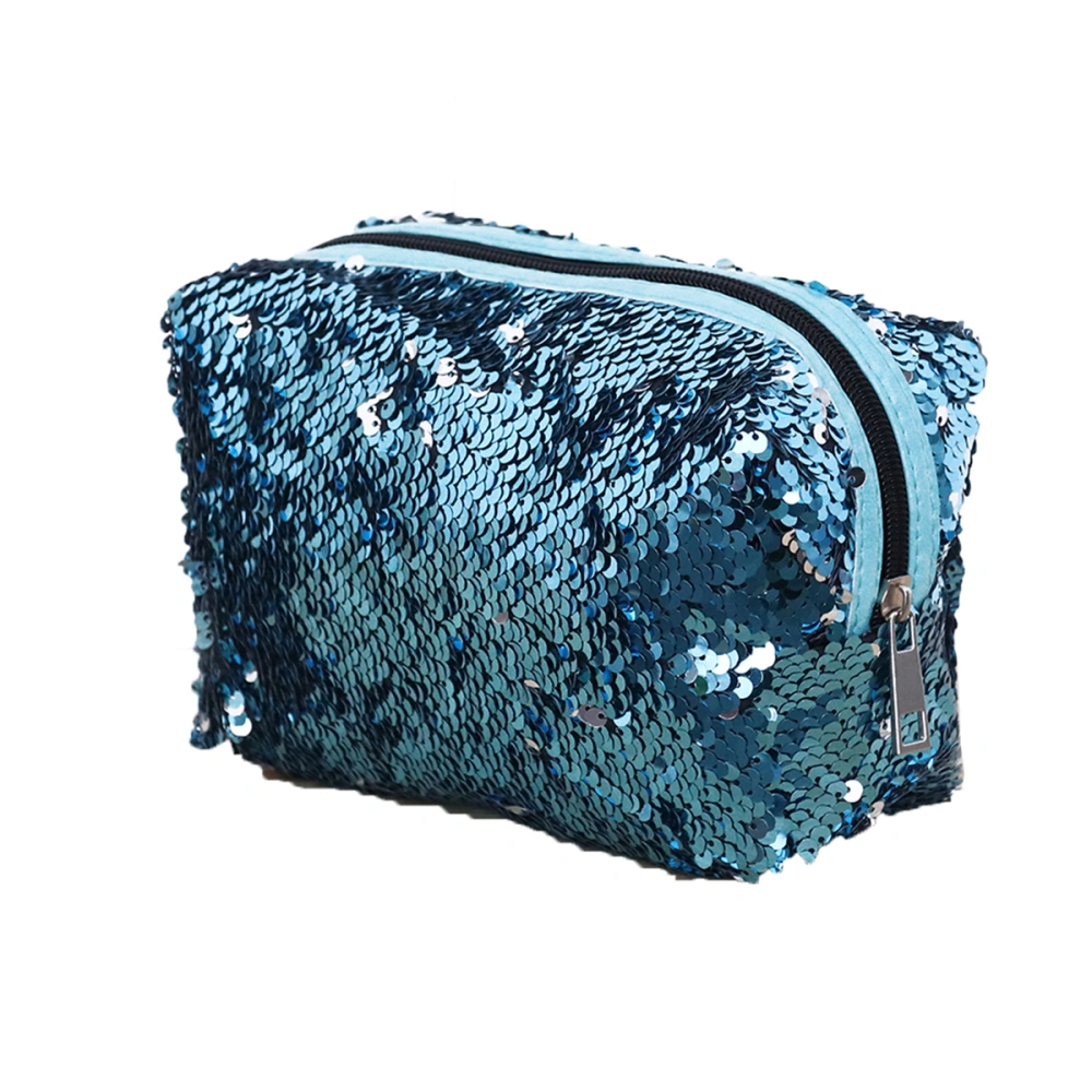 Women's Shiny Sequin Cosmetics Bag Large Capacity Makeup Storage Bag Reflective Toiletry Organizer(Silverish Blue)