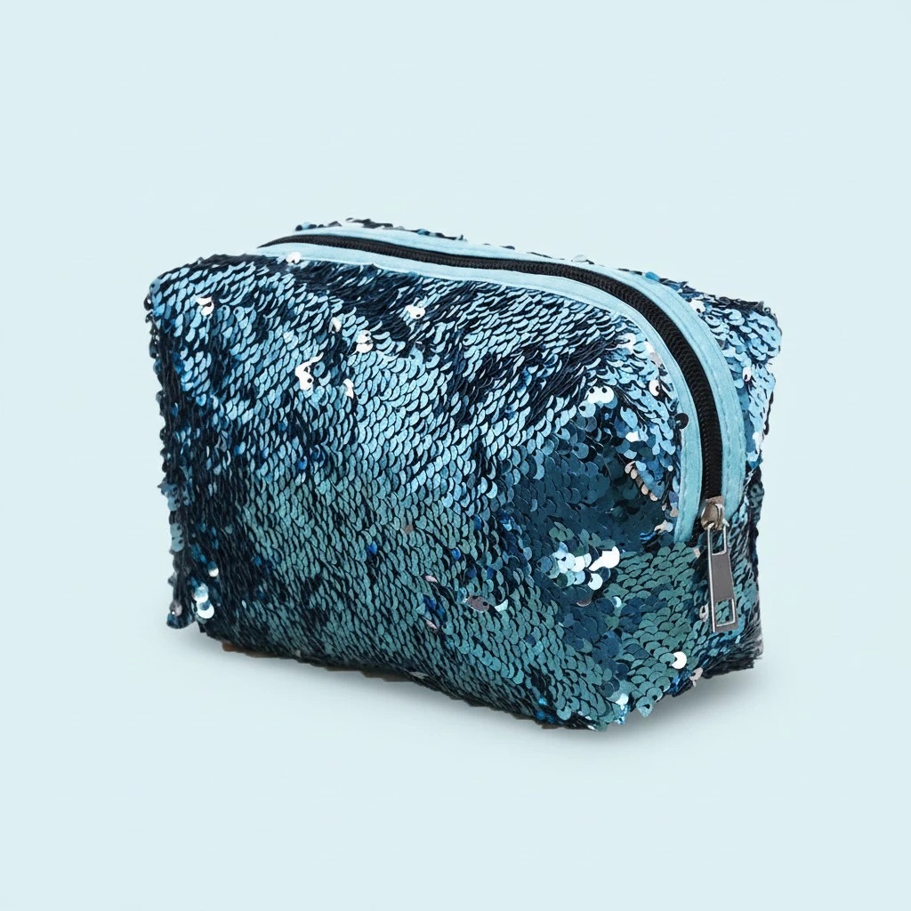 Women's Shiny Sequin Cosmetics Bag Large Capacity Makeup Storage Bag Reflective Toiletry Organizer(Silverish Blue)