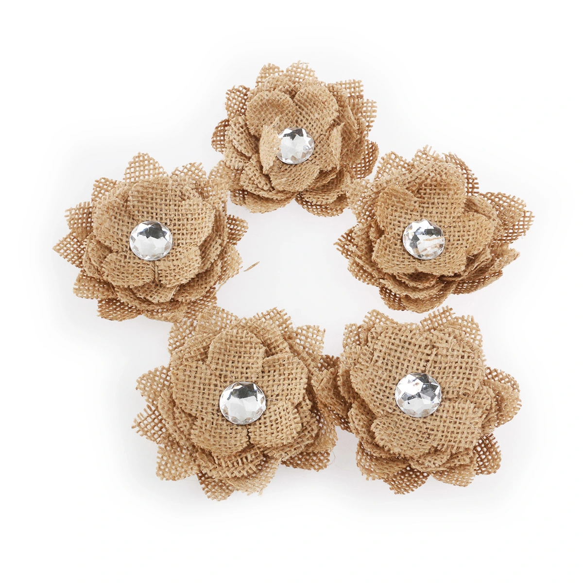 5pcs Crystal Hessian Burlap Rose Flowers for Christmas Wedding Decoration (Brown)