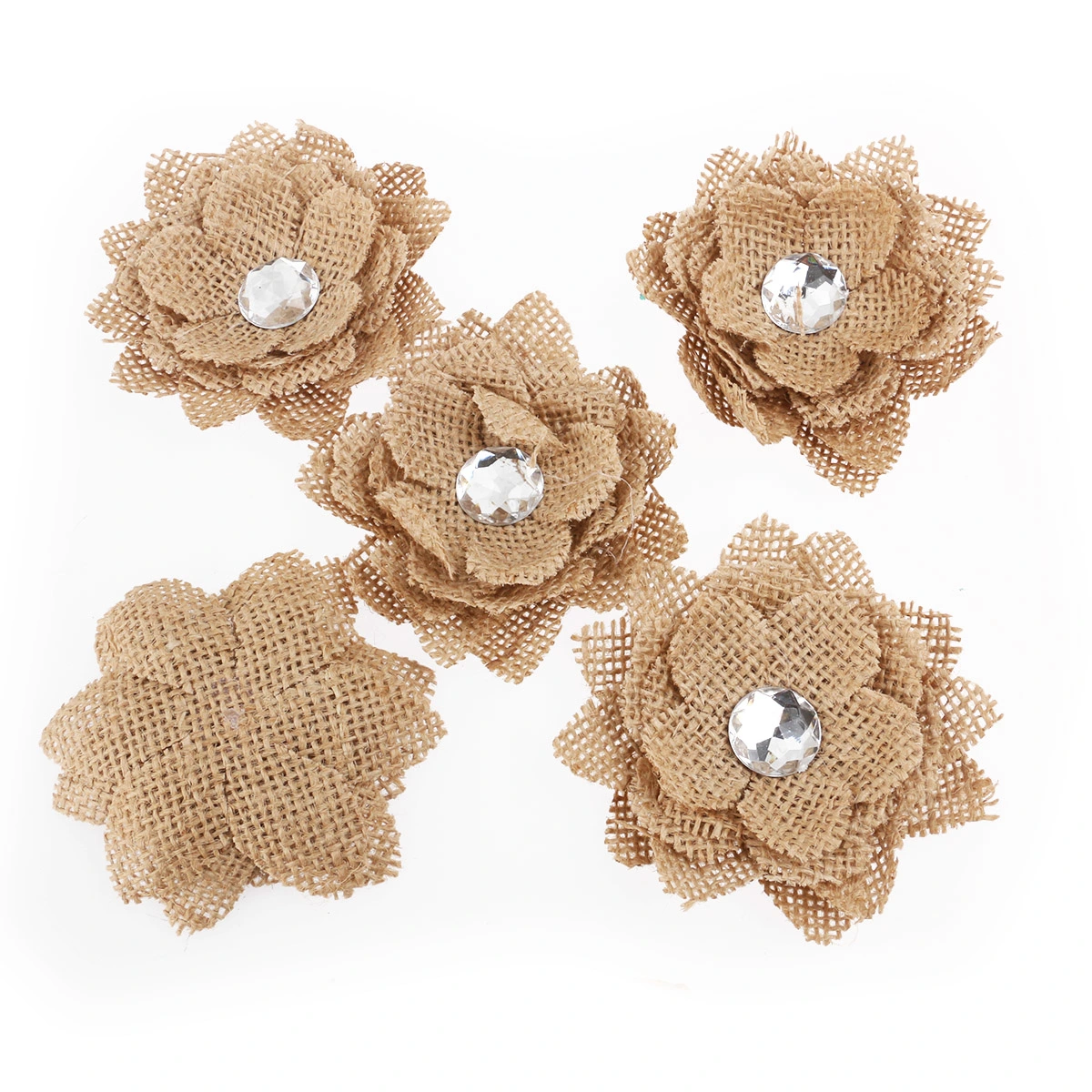 5pcs Crystal Hessian Burlap Rose Flowers for Christmas Wedding Decoration (Brown)