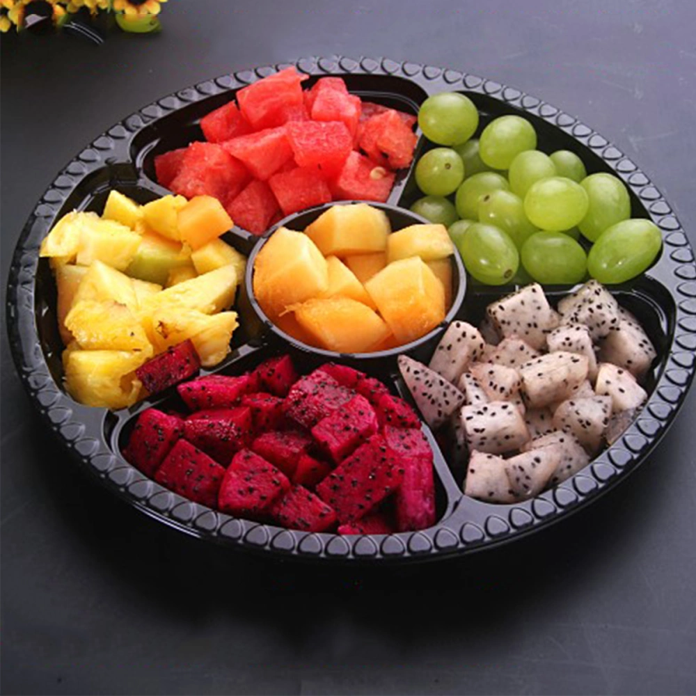 5pcs 6-Grid Plastic Boxes with Cover Portable Fruits Case One-off Takeout Food Containers for Home Shop Daily Use (Black)