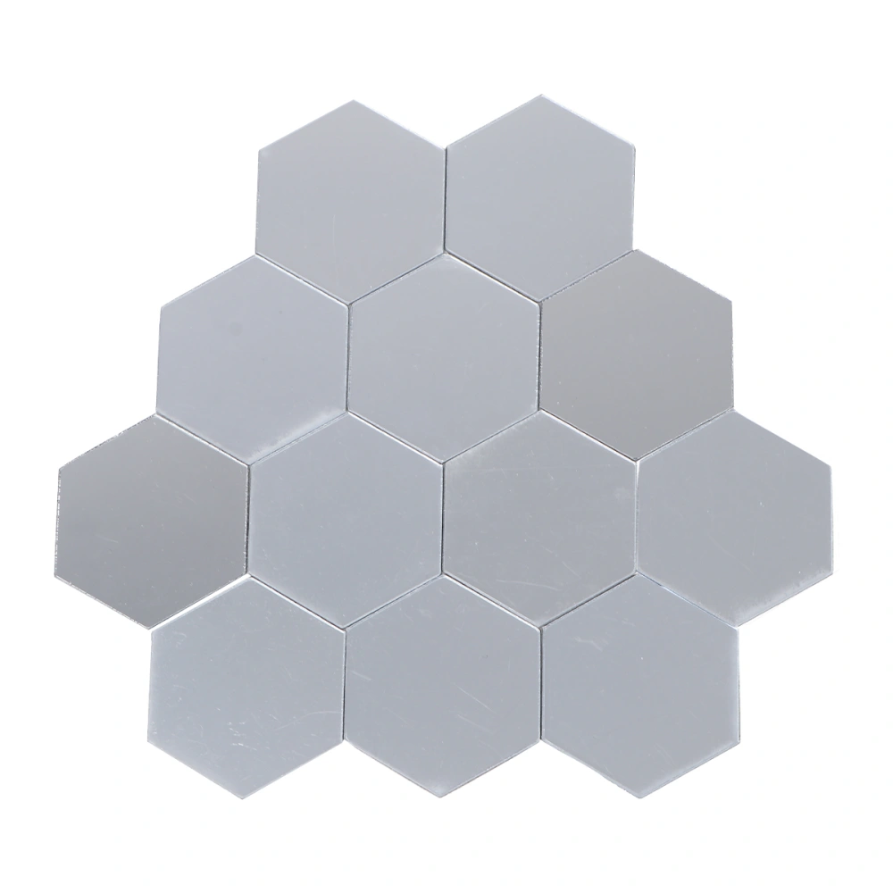 12pcs Hexagonal Acrylic Mirrors Wall Stickers Home Decor Living Room DIY Modern Art Mirror Wall Mural Decoration 4x4cm (Silver)