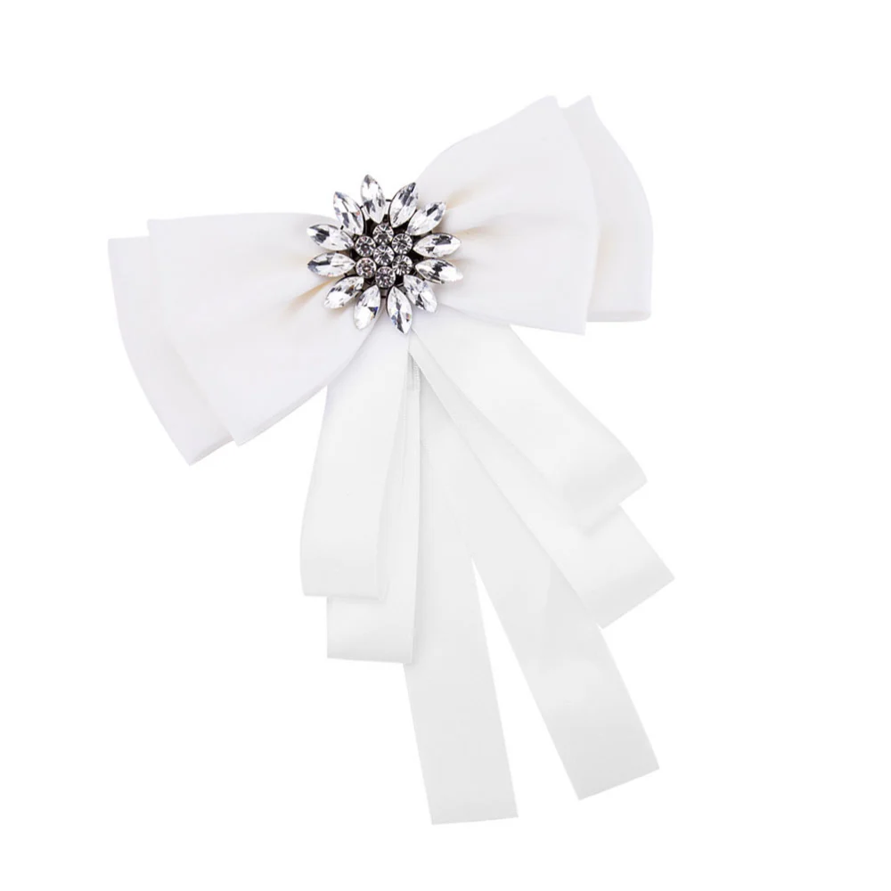 1Pc Bowknot Brooch Shirt Bow Tie Rhinestone Corsage Decorative Breastpin Clothes Pin (White)