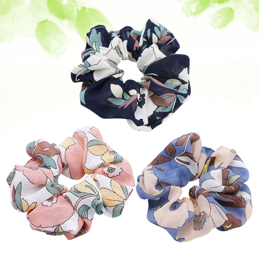 3pcs Flower Printing Stretch Hair Ties Cloth Art Hair Rope Ponytail Holders Hair Accessories for Women Girls (Korea Pink + Light Blue + Navy Blue)