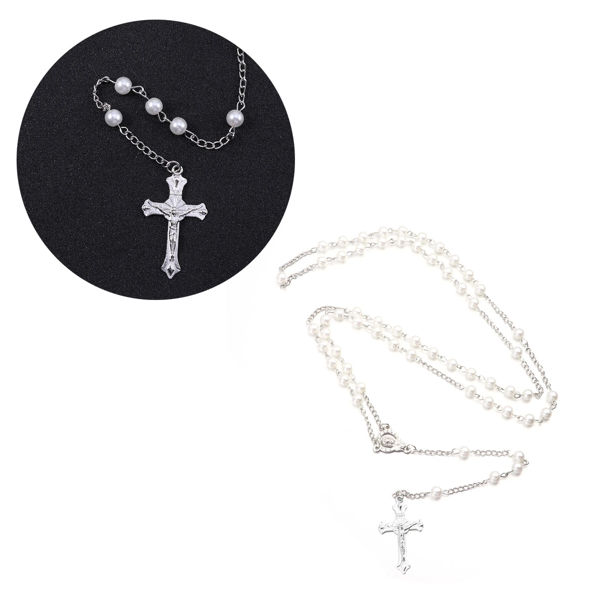 Christian Pearl Beads Rosary Men Women Holy Rosary Necklace with Crucifix Keepsake Prayer Beads Necklace(White)