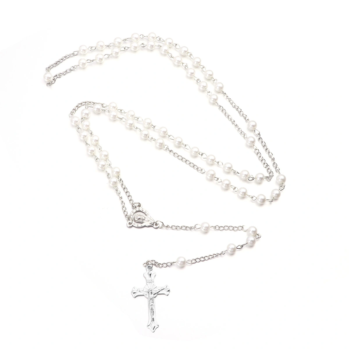 Christian Pearl Beads Rosary Men Women Holy Rosary Necklace with Crucifix Keepsake Prayer Beads Necklace(White)