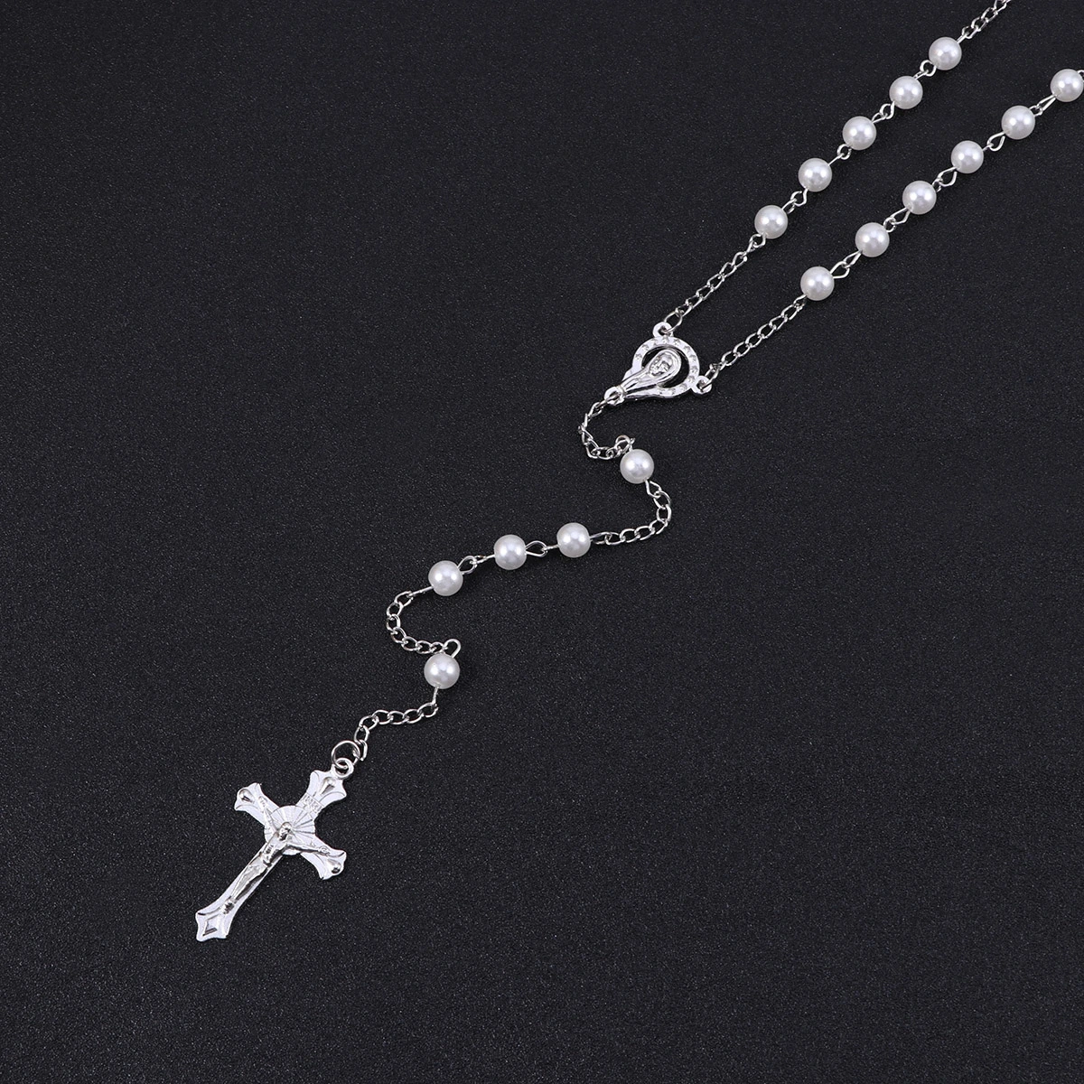 Christian Pearl Beads Rosary Men Women Holy Rosary Necklace with Crucifix Keepsake Prayer Beads Necklace(White)