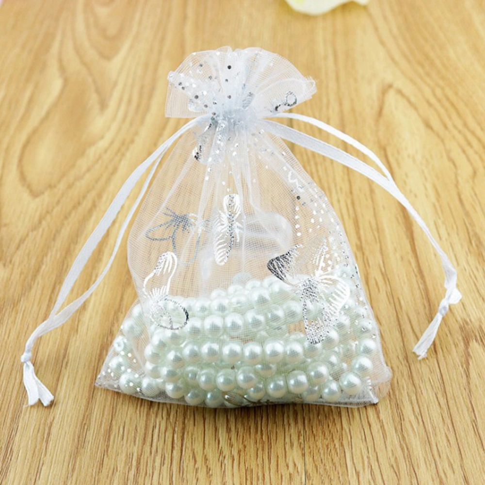 50pcs Printed Organza Gift Bags Drawstring Jewelry Wedding Party Favor Pouch Bags (White)