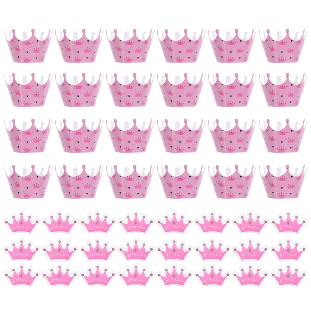 24pcs Crown Pattern Cake Surrounding with 24pcs Crown Cake Cupcake Toppers without Toothpick for Birthday Wedding Party Supplies (Pink)